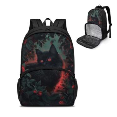 Imagem de Tomeusey Mochila térmica para almoço com compartimento para refeições, mochila casual de caminhada com bolsos laterais para garrafa, Gato preto