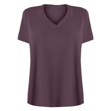 Imagem de Camiseta feminina feminina de manga curta com gola V e gola V para esportes primavera e verão, Vinho, 4G