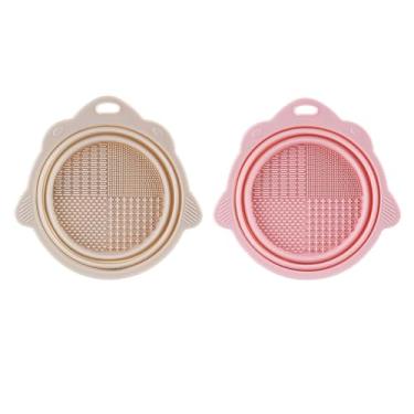 Imagem de Tigela de limpeza de pincel de maquiagem, ferramentas de limpeza de maquiagem de silicone dobráveis ​​para pincéis, esponja e sopro, limpadores de escova de maquiagem portátil para viagens (Amarelo Claro + Vermelho)