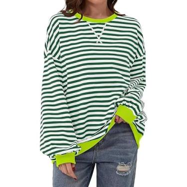 Imagem de 70ILYUHS Moletom feminino listrado gola redonda Color Block camisa de manga longa casual pulôver top primavera roupas Y2K, Branco, verde, GG