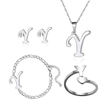 Imagem de Loqimu Pacote com 4 conjuntos de joias iniciais de aço inoxidável para mulheres, anéis de prata, pulseiras, brincos com pingente, colar, gargantilha maiúscula, corrente, brincos de orelha, presente