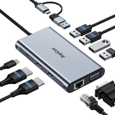 Imagem de RayCue Estação de ancoragem USB C 9 em 1, tela tripla, 2 adaptadores HDMI e VGA 4K, 10 Gbps USB 3.1 Gen2, Gigabit Ethernet, 100W PD, 3 portas USB-A para laptop Windows/macOS (modo estendido de monitor