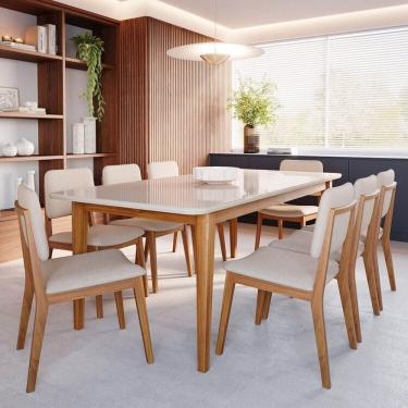 Imagem de Conjunto Sala de Jantar 1 Mesa Tangará 210cm 8 Cadeiras Estofadas Miriti Cabecasa Madeiramadeira Off White/Creme