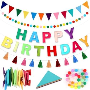 Imagem de 4 peças faixa de feltro feliz aniversário tecido de feltro guirlanda colorida borla arco-íris decorações de aniversário reutilizáveis feitas à mão letras de feltro bolas para decoração de festa de