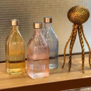 Imagem de Garrafa De Vidro 1 Litro Quadrada Canelada Tampa Inox Água Suco Para G