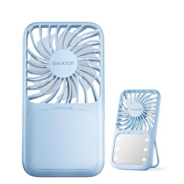 Imagem de Gaiatop Ventilador portátil portátil, espelho de maquiagem LED de 3 velocidades com luz, suporte dobrável para desktop, mini ventiladores pessoais recarregáveis, pequenos itens essenciais de viagem