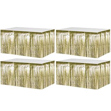 Imagem de Pacote com 4 saias de mesa Tinsel com franja metálica de 73 x 273 cm para mesas retangulares, cortinas streamer, pano de fundo para casamento, aniversário, boias de desfile, decorações de Natal (ouro claro)