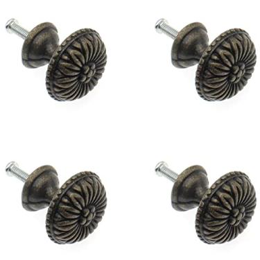 Imagem de OZXNO Puxador de caixa de joias antigo, pacote com 4, puxadores e parafusos de montagem com padrão floral redondo de bronze retrô para armário e gaveta (2,8 x 2,5 cm)