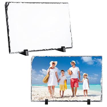 Imagem de 2 peças de sublimação em branco ardósia Rock moldura para foto de transferência de calor retangular com suporte de exibição para máquina de prensa de calor (7,9 x 11,7 polegadas)