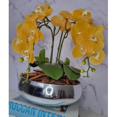 Imagem de Arranjo Com 4 Orquídeas Amarelo Vaso Prata 28cm - FLORESCER DECOR
