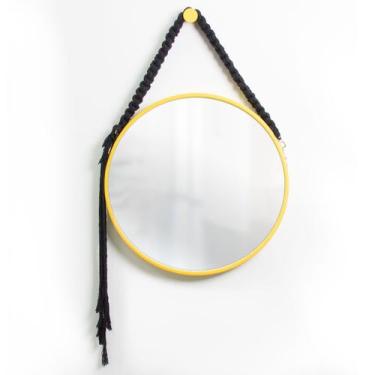 Imagem de Espelho Decorativo Adnet Amarelo Alça Macramê Preta 50 cm Redondo - E2