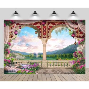 Imagem de CHNYWORK 1,5 m x 0,9 m vintage varanda pano de fundo jardim secreto arco árabe flores cachoeira montanha lago pedras corredor fundo das maravilhas primavera casamento festa aniversário decoração foto