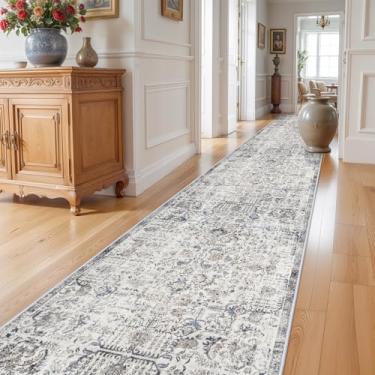 Imagem de RUUGME Tapetes passadeira laváveis 91 cm x 4,8 m – Tapete de cozinha vintage, resistente a manchas para sala de estar, quarto, lavanderia, tapete envelhecido para corredor (marrom/azul)