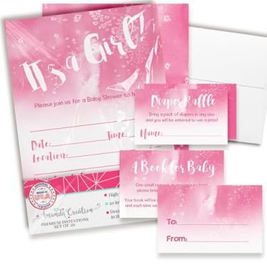 Imagem de Convites de chá de bebê para meninas – Conjunto de convites de chá de bebê em aquarela rosa com ingressos de sorteio de fraldas, cartões de solicitação de livro e envelopes. Conjunto de 20 conjuntos
