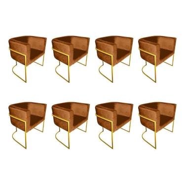 Imagem de Kit 8 Poltronas Decorativa Sala De Estar Base De Ferro Dourada Veludo Terracota Laranja