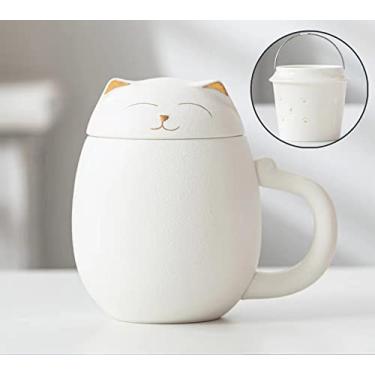 Imagem de Rain House Canecas de chá de cerâmica de gato fofo com infusor e tampa, xícara de chá de porcelana feita à mão para mergulhar chá de folhas soltas, xícara de chá adequada para casa e escritório, ótimo
