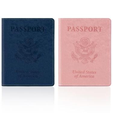 Imagem de Capa para cartão de passaporte e vacina, carteira para passaporte com compartimento para cartão de vacina, azul escuro + rosa, 2pcs
