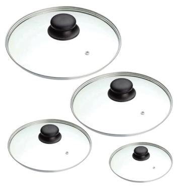 Imagem de Kit 4 Tampas 10,18,26 e 34cm de vidro temperado para panelas e frigideiras com pomel puxador madeira (Pomel de baquelite preto)
