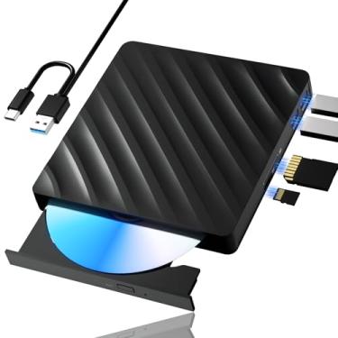 Imagem de Unidade Blu Ray externa 5 em 1, leitor de Blu-ray portátil com USB 3.0 Tipo-C, gravador de CD DVD 3D Blu Ray com porta SD/TF, unidade Blu Ray compatível com Windows Laptop Desktop (versão atualizada)
