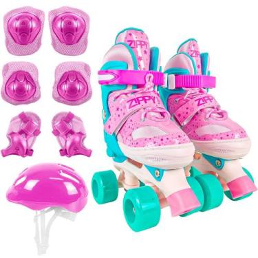 Imagem de Patins Quad Infantil Rosa E Verde Para Meninas Com Kit Proteção Roller