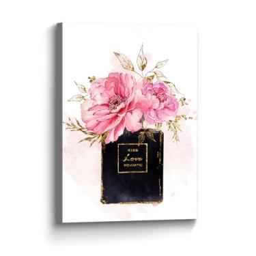 Imagem de Color Play Arte de parede em tela de moda perfume: flor de peônia rosa glamorosa em garrafa preta pintura Vogue arte romântica floral imagem para decoração de quarto de meninas