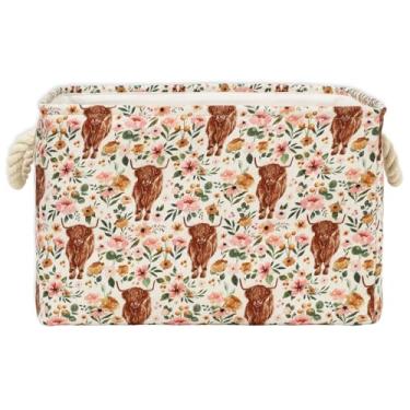 Imagem de FYSUIMU Cesta de armazenamento retangular floral de vaca Highland 38 x 26 x 23 cm, bolsa organizadora de brinquedos aberta dobrável com alça grande para lavanderia, cesto de armazenamento de pano sujo