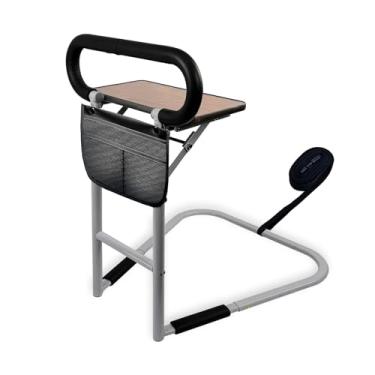 Imagem de CTANCIFANG Trilhos de cama para adultos idosos com mesa dobrável, trilhos de cama ajustáveis com pernas de apoio, barra de apoio para prevenção de queda de cabeceira com bolso de armazenamento cinza