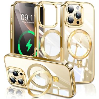 Imagem de ESTPEAK Capa de titânio dourado com suporte de CD Mag-Stand para iPhone 16 Pro Max com anel magnético invisível, [apto para MagSafe] [nunca amarela] Capa de telefone transparente para iPhone 16 ProMax