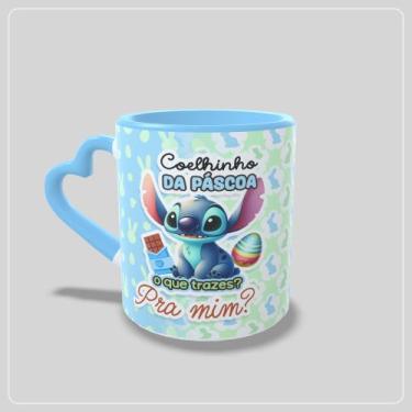 Imagem de Caneca com Alça de Coração  Azul  Stitch Páscoa - Jlssublimação