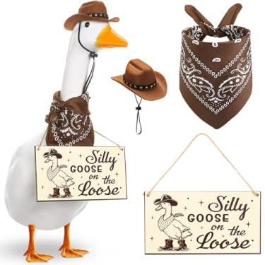 Imagem de Silicherry Conjunto engraçado de decoração de ganso de varanda Silly Goose on The Loose Hangings Sign Cowboy com roupa chapéu de cowboy e bandana para cimento/plástico de 58 cm estátua ao ar livre