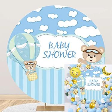 Imagem de OERJU Capa de fundo redondo para chá de bebê de 2 x 2 m, céu azul, nuvens brancas, fundo listrado para fotografia urso no balão de ar quente menino revelação de gênero decoração de festa banner