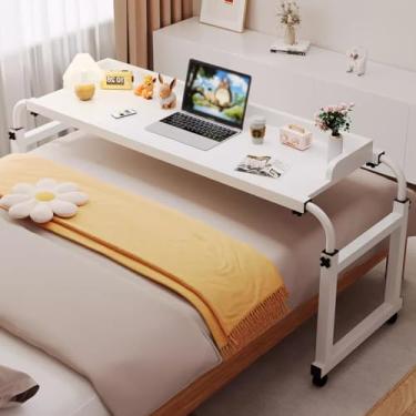 Imagem de Mesa de computador sobre a cama com rodas, altura totalmente ajustável e bandeja de alimentos extensível com rodinhas para mesa médica, mesa de bar para casa, escritório, hospital