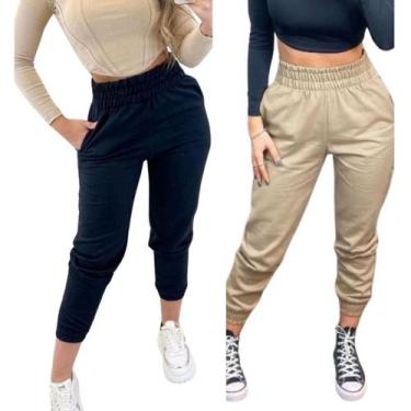 Imagem de Kit 2 Calças Feminina Jogger Preto e Cáqui Frio Inverno Moda Bolso Plu