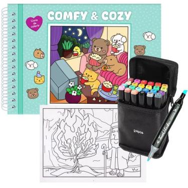 Imagem de Kit Livro De Colorir TikToker Comfy And Cozy Green 48 Desenhos + 24 Ca
