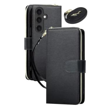 Imagem de HJZSZX Para Samsung S24 Ultra Couro Zip Wallet Phone Case Crossbody Lanyard Cover (Para Samsung S24 Ultra/Preto)