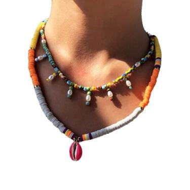Imagem de Wiwpar Gargantilha Boho Heishi em camadas colar de contas coloridas colar de concha pingente de corrente de praia acessórios para mulheres e meninas