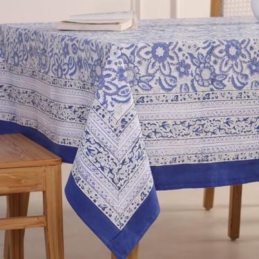 Imagem de DecorAvenue Toalha de mesa de algodão estampada à mão – design floral elegante e tradicional, 100% algodão, macia e durável, perfeita para jantar, cozinha e decoração ao ar livre (retângulo de 6