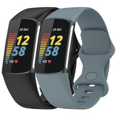 Imagem de Anuoli Pacote com 2 pulseiras compatíveis com Fitbit Charge 6 Charge 5, pulseira de substituição de silicone macio para mulheres e homens (preto_azul cachoeira, grande (18 cm a 23 cm)