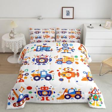 Imagem de Feelyou Jogo de cama com robôs fofos, para crianças, meninos, meninas, caminhão, trator, escavadeira, aquarela, equipamento, edredom colorido, kawaii, azul, amarelo