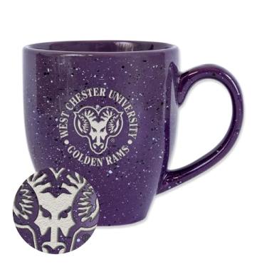Imagem de Rico Industries NCAA West Chester Golden Rams Caneca de café de cerâmica salpicada com logotipo principal roxo 473 ml cor do time gravado a laser