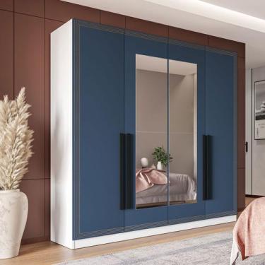 Imagem de Guarda-Roupa Casal Valência 4 Portas 4 Gavetas com Espelho Branco/Azul