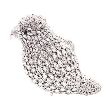 Imagem de DJBM Bolsa feminina papagaio animal strass cristal bolsas de formatura e bolsas de mão pássaro noite clutch para festa de casamento, Prata