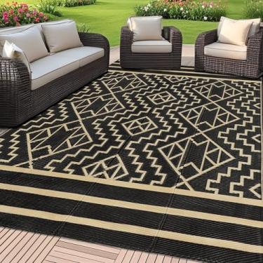 Imagem de SAND MINE Tapetes reversíveis de canudo de plástico, tapete moderno e grande para ambientes externos, trailer, pátio, quintal, deck, piquenique, praia, acampamento (2,7 m x 3,7 m, preto e bege)