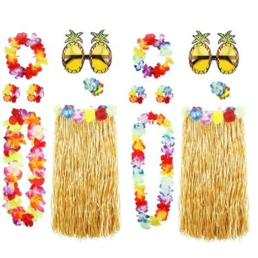 Imagem de XEPST Pacote com 14 kit de fantasia de saia de hula para festa de luau no Havaí, conjunto para 2 pessoas Hula dançante com saia de grama, havaiana Lei, clipe de cabelo de hibisco, óculos de sol de