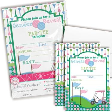 Imagem de Convites de revelação de gênero de golfe - 20 cartões de chá de bebê preenchidos com envelopes - Convites de revelação de gênero com tema Par-Tee por AmandaCreation