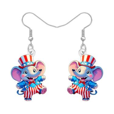 Imagem de DALANE Brincos de elefante de 4 de julho de acrílico com bandeira americana, brincos patrióticos pendurados, joias peculiares, presentes engraçados de elefante para mulheres amantes de animais, Medium
