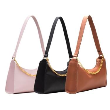 Imagem de Kit 3 Bolsas Femininas Baguetes Correntes Lisas de Ombro e Mão Pequenas (Rose/Preto/Caramelo)