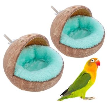 Imagem de VTurboWay Pacote com 2 peças de casca de coco natural, ninho de papagaio, casa de canário, cama de canário, aninhamento, mordida anti-picada com almofada quente para gaiola de pássaros