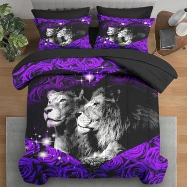 Imagem de Pamnest Jogo de edredom Queen, leão africano, rosa roxa, 7 peças, amor selvagem, gato selvagem, lençol com elástico, 2 fronhas e 2 fronhas para decoração de quarto