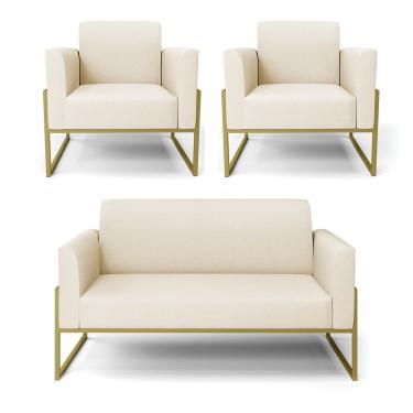 Imagem de Sofá Namoradeira Com 2 Poltronas Base Industrial Alta Dourado Marisa Linho Bege A19 D03 - D\'rossi